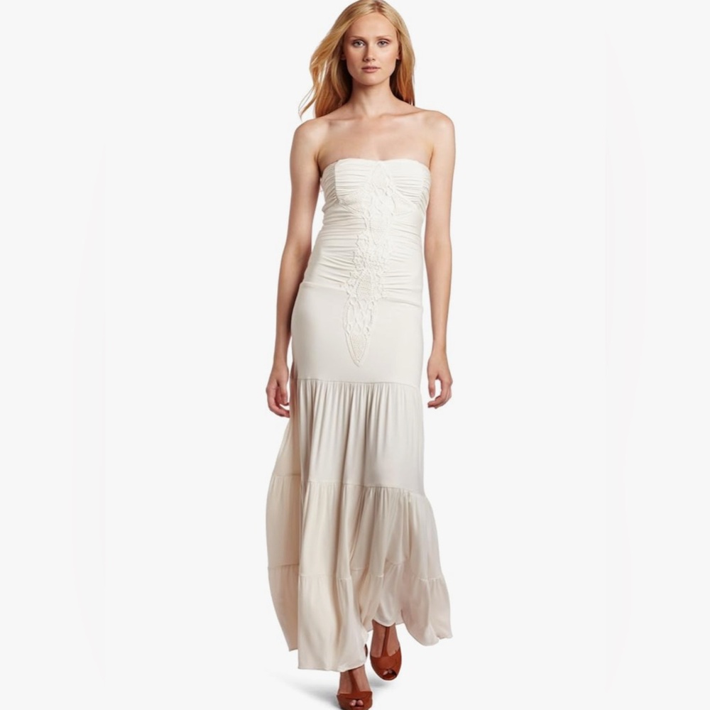 Sky Brand Ivory/Bone tiered ruffle maxi tube dress with crochet detail bridal